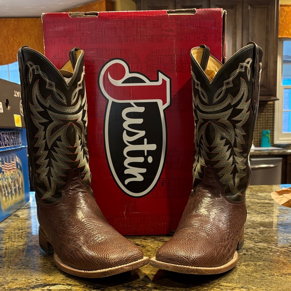Justin Tobacco Brown FQ Ostrich Tan Ranch Hand Boots